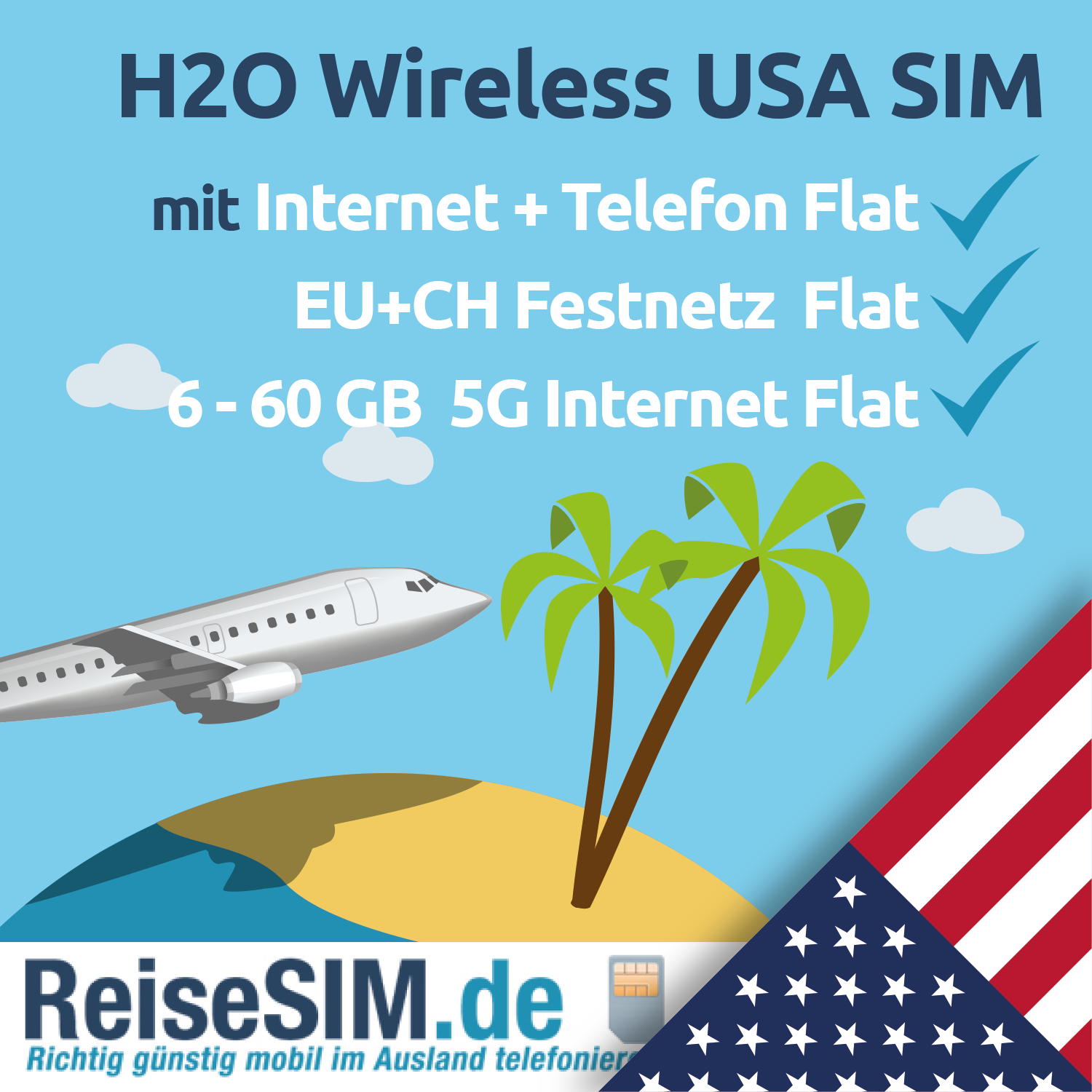 H2O Wireless Prepaid USA SIM-Karte (Tarif S - 30 Tage) 